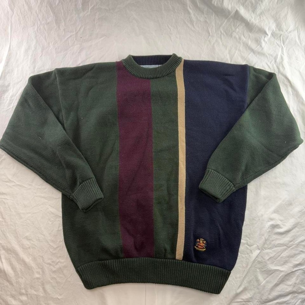 Vtg Woods & Gray Striped Color Block Pullover Crewneck Green Men's Sweater Sz L